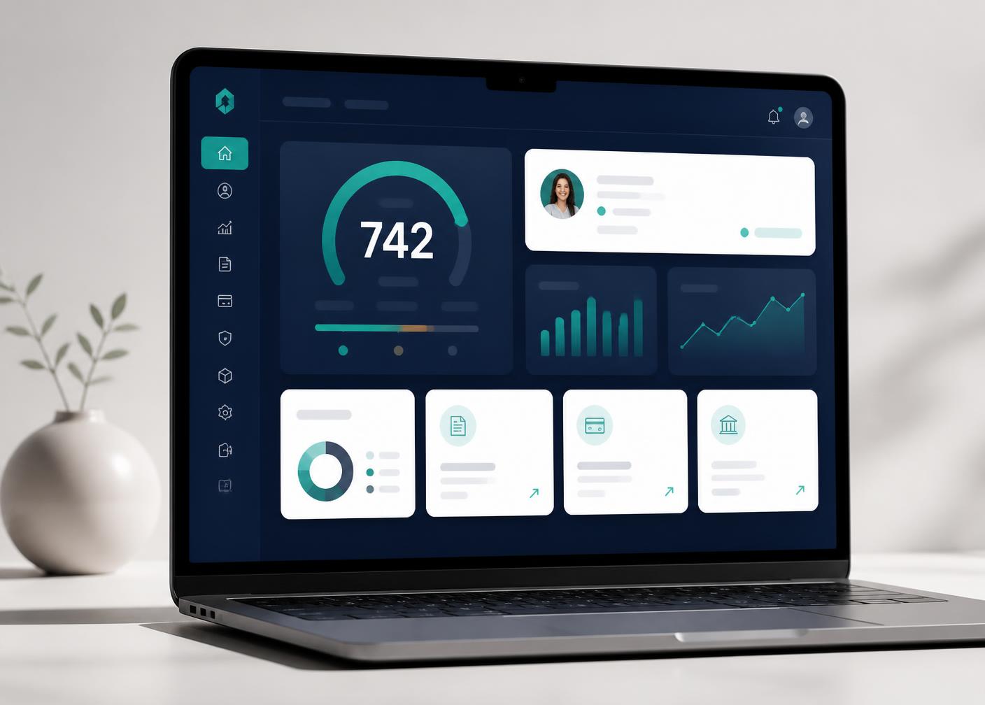 Kiwango credit scoring dashboard showing a member credit score gauge and portfolio charts